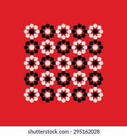 Square vector frame with simple flowers on red background.