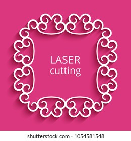 Square vector frame with swirly border pattern, cutout paper swirls ornament, template for laser cutting or wood manufacturing, elegant decoration for greeting card or wedding invitation, eps10