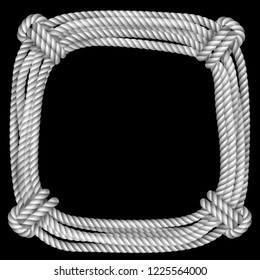 Square vector frame, woven gray white rope, isolated on black background