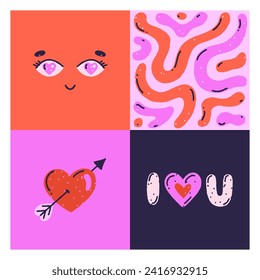 Square vector graphic card with cute grungy heart, face, lettering and white frame. Love and passion. Design for Valentine's Day. Postcard, banner, cover, invitation, clothing print, poster