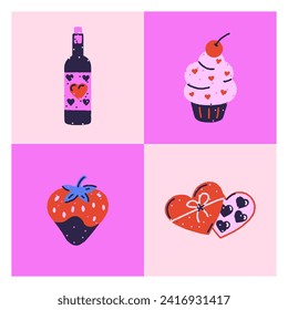 Square vector graphic card with grungy wine, strawberry, chocolates, cake and white frame. Love and passion. Design for Valentine's Day. Postcard, banner, cover, invitation, clothing print, poster