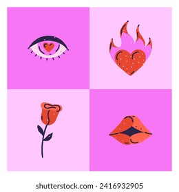 Tarjeta gráfica vectorial cuadrada con corazón, ojo, rosa roja, labios y marco blanco. Amor y pasión. Diseño para el Día de San Valentín. Postal, banner, portada, invitación, estampado de ropa, afiche