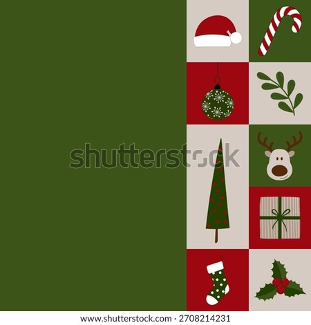 Square vector graphic with Christmas symbols. Free space for text. Template for invitations, greeting cards, social media posts and advertising. 