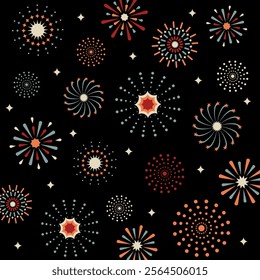 Square vector graphic with colorful fireworks on a black background.