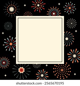 Square vector graphic with colorful fireworks on a black background. Free space for text. Template for invitations, greetings, social media posts and advertising.