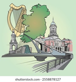 Square vector graphic composition of Dublin Ireland with local, prominent landmarks