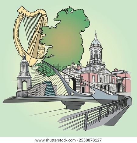 Square vector graphic composition of Dublin Ireland with local, prominent landmarks