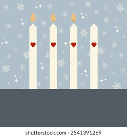 Quadratische Vektorgrafik mit vier Kerzen mit Herzen vor Schneeflocken-Hintergrund, drei Kerzen brennen. Freier Platz für Text. Vorlage für Grüße zum 3. Advent.