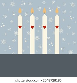 Square vector graphic with four candles with hearts in front of a snowflake background. Free space for text. Template for greetings for the 4th advent.