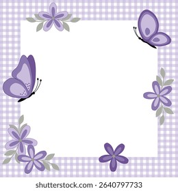 Square vector graphic in shades of purple with flowers and butterflies on a checkered frame. Free space for text. Template for invitations, greetings, social media posts and advertising.
