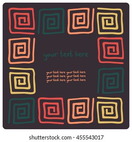 Square Vector graphics card with ornament. There is a place for your text. Handmade. African motifs. It can be used for packaging, invitations, holiday cards, etc.