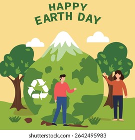 square vector graphics for Happy Earth Day. Features people, globes, trees, mountains and recycling themes. Ideal for eco-awareness social media posts and cards.