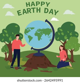square vector graphics for Happy Earth Day. Features people, globes, trees, mountains and recycling themes. Ideal for eco-awareness social media posts and cards.