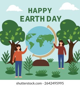 square vector graphics for Happy Earth Day. Features people, globes, trees, mountains and recycling themes. Ideal for eco-awareness social media posts and cards.
