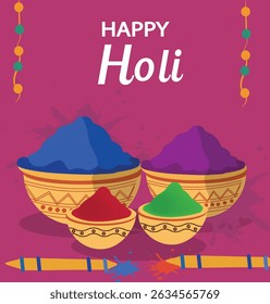 gráficos vetoriais quadrados para Happy Holi. Apresenta pessoas comemorando com cores, gulal, pichkari e decoração festiva. Ideal para cartões, postagens em mídias sociais e convites.