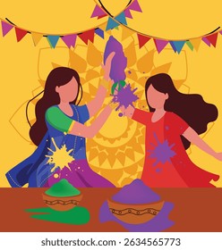 square vector graphics for Happy Holi. Features people celebrating with colors, gulal, pichkari and festive decor. Ideal for cards, social media posts and invitations.