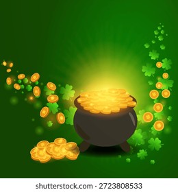 Quadratische Vektor-Grußkarte für St Patrick’s Day Grün Hintergrund, glühender Topf mit goldenen Münzen voll, fliegender Vier-Blatt-Klee, Shamrocks-Münzen im Hintergrund