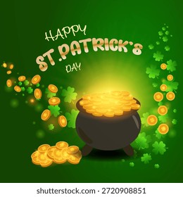 Tarjeta de felicitación de Vector cuadrado Texto feliz Día de San Patricio Fondo verde, caldero brillante lleno de monedas de oro, volando Trébol de cuatro hojas, monedas de trébol Espacio de copia limpio para texto personalizado