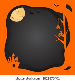 Fondo cuadrado de la plantilla cuadrada de Halloween con borde negro de capa naranja, luna, murciélago, calabaza