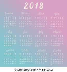 Square vector hand drawn wall calendar 2018 with hand lettering. Week starts from Monday. Template for design. Handwritten names and days of months