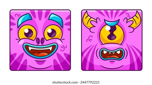 Square Vector Icon or Avatar of Cartoon Monster Face Character With Big Round Eyes, Sharp Teeth, And Pink Fur