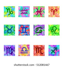  Square Vector Icons with Isolated zodiac horoscope signs. Set of astrological signs with colouful stained-glass mosaic.
