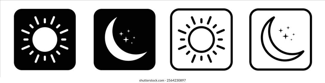 Square vector icons of sun and moon for light and dark mode themes. Perfect for mobile apps, web UI UX, brightness control toggles, and day-night mode settings in digital and gadget applications.