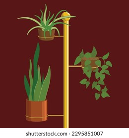 Square vector illustration of 3 potted plants on a rack on dark red background