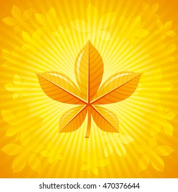 Square vector illustration of abstract autumn background in modern elegant style. Sunny rays and falling leaves pattern. Vintage fall frame with chestnut leaf