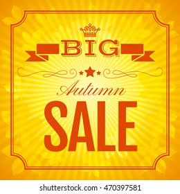 Square vector illustration of abstract autumn background in modern elegant style. Sunny rays and falling leaves pattern. Vintage fall frame for shopping sale with chestnut leaf, star, crown elements.