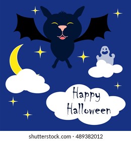 Square vector illustration with bat and moon for Halloween holiday. Happy Halloween vector for greeting card, party invitation, banner template. Cute cartoon character. Square image of Halloween night