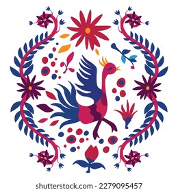 Square vector illustration with birds and flowers inspired by traditional Mexican Otomi embroidery on white background