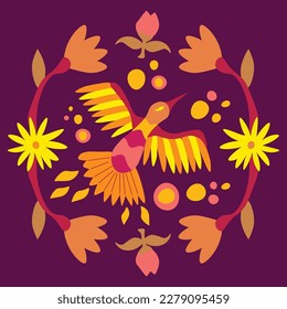 Ilustración cuadrada vectorial con aves y flores inspiradas en el bordado otomí tradicional mexicano sobre fondo morado