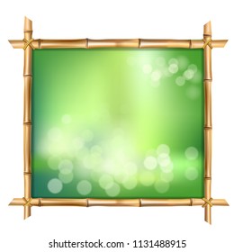 Square vector illustration of square brown bamboo stems border frame, green blur bokeh background inside isolated on white. Abstract spa or beach concept tropical signboard with empty place for text.