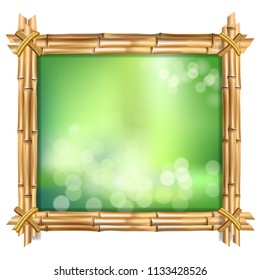 Square vector illustration of square brown bamboo stems border frame, green blur bokeh background inside isolated on white. Abstract spa or beach concept tropical signboard with empty place for text.