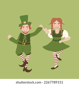 Square vector illustration of a couple of dancing leprechauns on green background. St Patrick's day design