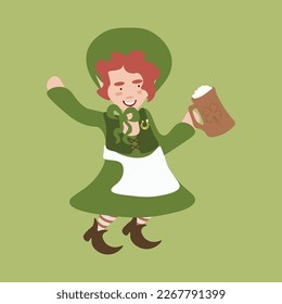 Square vector illustration of a female leprechaun with a mug of beer in hand. St Patrick's day design