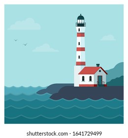 square vector Illustration in flat style of sea beacon with lamp isolated. Picture with cloud, nature, seashore, water. Concept of guide, shipping items by ocean and cruise vacation. island seacoast