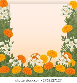 Square vector illustration of a floral frame with orange marigold and white jasmine flowers on a light background with copy space.