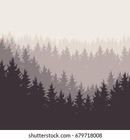 Square vector illustration of a forest under a gray sky, layered