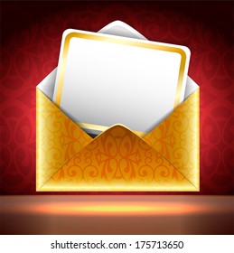 Square vector illustration. Golden paper envelope with a postcard on black and red background with patterns. Holiday invitation. 
