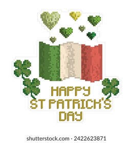Square vector illustration Happy St Patrick day with irish flag, clover, and hearts. Pixel art.