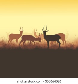 Square vector illustration herd of antelope grazing in meadow.