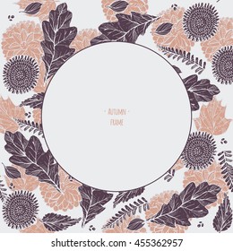 Square vector illustration with leaves and flowers in dark purple and orange autumn colors on grey background. Image contains large circle text holder in the center. Herbs are hand drawn with ink