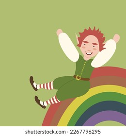 Square vector illustration with a leprechaun child sliding down the rainbow. St Patrick's day design