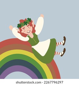 Square vector illustration with a leprechaun child sliding down the rainbow. St Patrick's day design