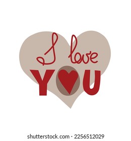 Square vector illustration with lettering "I love you" with a brown heart on white background. Print, poster, greeting card, icon, sticker, Valentine's day card