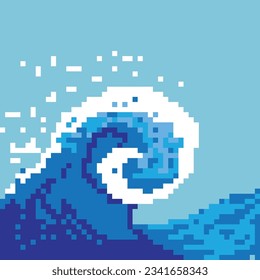 Square vector illustration with the ocean wave. Pixel art style