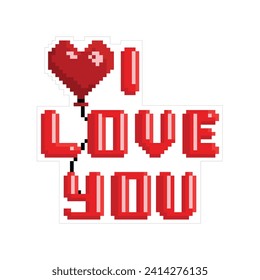 Square vector illustration with pixel art style lettering I Love You and a heart-shaped balloon. Valentines Day card, icon, sticker