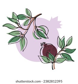 Ilustración vectorial cuadrada con ramas granadas, hojas y frutos